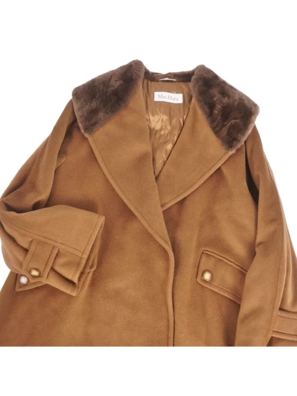 Max Mara Wool Cashmere Coat Long White Tag Buttonless Collar Fur Brown